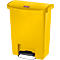 Yellow trash can with lid and foot pedal. Brand name visible at top right.