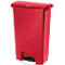 Red step trash can with lid. A black step is at the bottom.