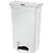 White step trash can with lid and foot pedal. There is a red logo on the lid.