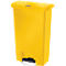 Yellow trash can with lid. Black foot pedal to open.