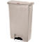 Beige trash can with lid and foot pedal. Small red rectangle at the top. Black pedal, chrome-colored metal bracket.