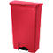 Red trash can with lid and foot pedal. There is a small, rectangular inscription on the lid.