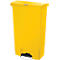 Yellow trash can with lid and foot pedal. Rectangular shape. Lid and foot pedal are black.