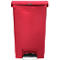 Red trash can with lid and foot pedal. 'Rubbermaid' is written on the lid.