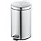 Stainless steel pedal bin. Round, with lid and handle. Black step. Metallic shine.