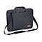 Dunkelgraue Laptoptasche mit Tragegriff und Schulterriemen. Auf der Vorderseite befindet sich ein kleines braunes Etikett.