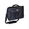 Schwarze Laptoptasche mit Tragegriff und Schulterriemen. Zwei Fronttaschen, silbernes Logo.
