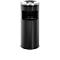 Black metal trash can with an opening. Lid and top edge are silver.
