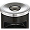 Close-up of a black trash can with a metal edge and opening.