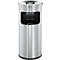 A cylindrical, silver trash can with a rectangular opening and a round lid.