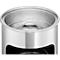 Close-up of a shiny, silver metal trash can with a black rim at the bottom.