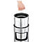 Hand lifting a metallic inner bucket from a trash can. The bucket has a carrying handle.