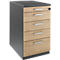 A gray filing cabinet with four drawers made of light wood and metal handles.