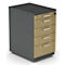 Gray, rectangular filing cabinet with four wooden drawers. It is gray on top and on the side.