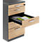 Chest of drawers with open drawer holding documents. Wood look with silver handles, black frame.