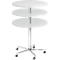 White, round shelf with three shelves, on a chrome frame with wheels.