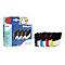 Tintenpatronen-Packung mit geÃ¶ffneter Packung und einzelnen Patronen, blau, pink, gelb und schwarz.