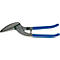 Metalen schaar met grijze bladen en blauwe handvatten.