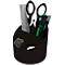 Black pen holder with scissors, ruler, pens and paper clips.