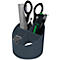 Dark blue pen holder with scissors, pens, ruler and paper clips.