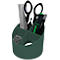 Green pen holder with scissors, pens, paper, and paperclips.