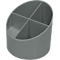 Gray pen holder with four compartments. It is oval and the front is beveled.