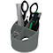 Gray desk organizer holding scissors, pens, paper clips, and ruler, divided into sections.