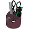 A burgundy desk organizer holding scissors, pens, paperclips, and a piece of paper.
