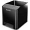 Black, square pen holder of the Leitz brand. LEITZ is on the front.