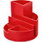 Red pen holder with different compartments. A tall container, surrounded by other compartments, all made of plastic.