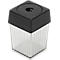 Transparent, ribbed plastic container with black lid and hole in the middle.