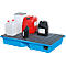 Blue plastic basin with various canisters and containers. Black mat on the basin.