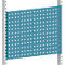 Blue perforated sheet in front of gray frame. Square holes line up on the plate.