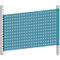 Blue perforated panel attached to a gray mounting. Numerous square holes dot the surface.