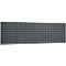 Dark grey metal plate with evenly spaced square holes.