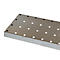 Metal plate with holes. It's rectangular, has rounded edges, and small round holes.