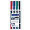 Transparently packaged, multi-colored permanent markers from Staedtler. Red, blue, green and gray pens, lettering "Lumocolor duo".