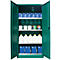 Green cabinet, open, with shelves full of containers of various sizes and colors.