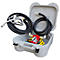 Grey box containing a diesel pump and a fueling hose. Two hose connections are located in the lid.