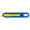 Cutter bleu et jaune avec une lame grise.