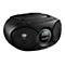 Schwarzes Philips-Boombox mit Lautsprechern, Display und Bedientasten. Das Display zeigt die Uhrzeit. Aufschrift Philips.