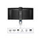 Rückseite eines schwarzen Monitors mit Anschlüssen: HDMI, DP, USB-C, Audio Out, RJ45, USB Hub.