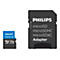 Zwei Speicherkarten der Marke Philips. Eine blaue microSD-Karte mit der Aufschrift 256GB A1. Daneben ein schwarzer Adapter, auf dem microSD, SDHC, SDXC und Adapter stehen.