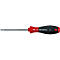 A screwdriver whose handle is red and black lies horizontally.