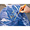 A hand writes the word "ALT" with an orange pen on a blue bag.