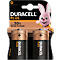 Deux piles Duracell Plus taille D sur un emballage blister avec le lapin Duracell.