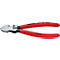 Pince coupante diagonale Knipex rouge avec une partie centrale noire, inscription 'pour plastique'.