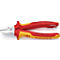 Pinces coupantes rouges et jaunes de la marque Knipex; lettrage visible. La lame indique 70 06 160 T. 1000 V.