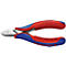 Gros plan sur une pince coupante diagonale Knipex avec une poignée rouge et bleue. Inscription : Knipex.