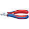 Une pince coupante latérale rouge et bleue sur fond blanc. La poignée est de forme ergonomique. La marque KNIPEX est visible sur la partie métallique.